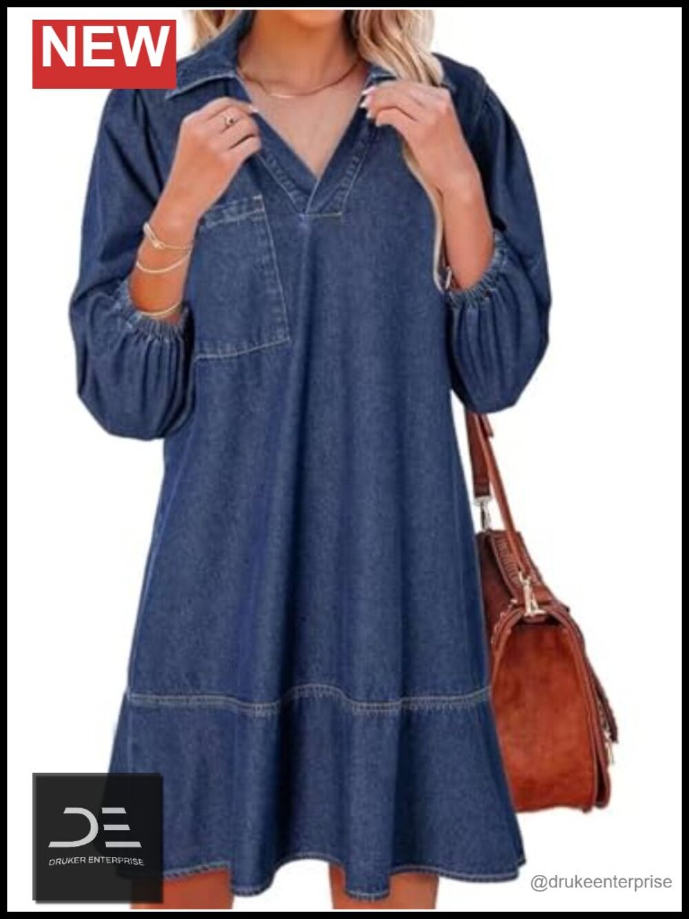 Womens Denim Dress Collared V Neck 3/4 Sleeve Loose Babydoll Short Jean Dress